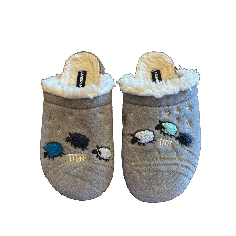 Lands’ End Counting Sheep Cork Bottom Gray Slippers House Shoes Women’s 6B Relax